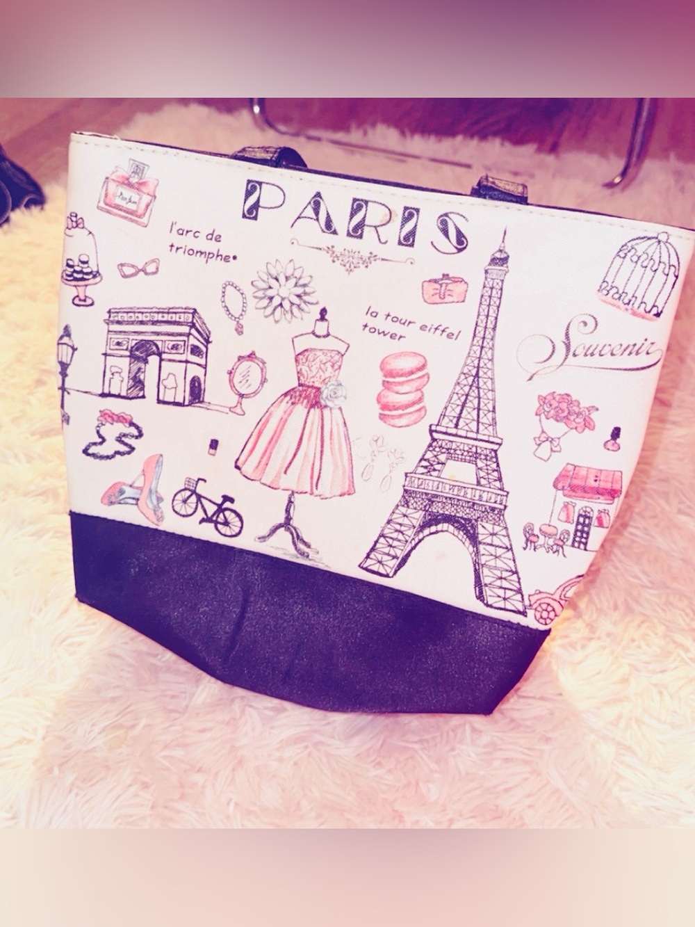 Paris Sketch Canvas Tote Bag - Pink & Black